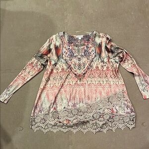Women's Multicolor Lace Trim Top size 1X